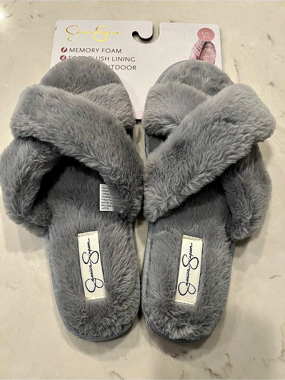 Jessica Simpson Plush Cross Band Slide Slippers Plush Faux Fur Slippers Gray US